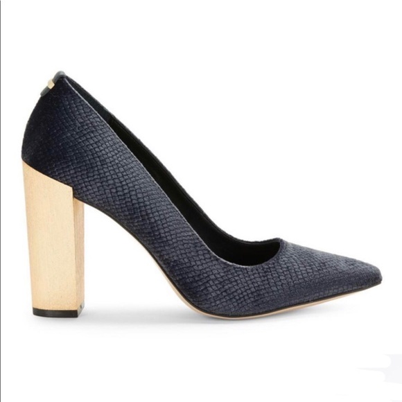 Calvin Klein Shoes - Calvin Klein Neema Blue velvet gold heels 8
